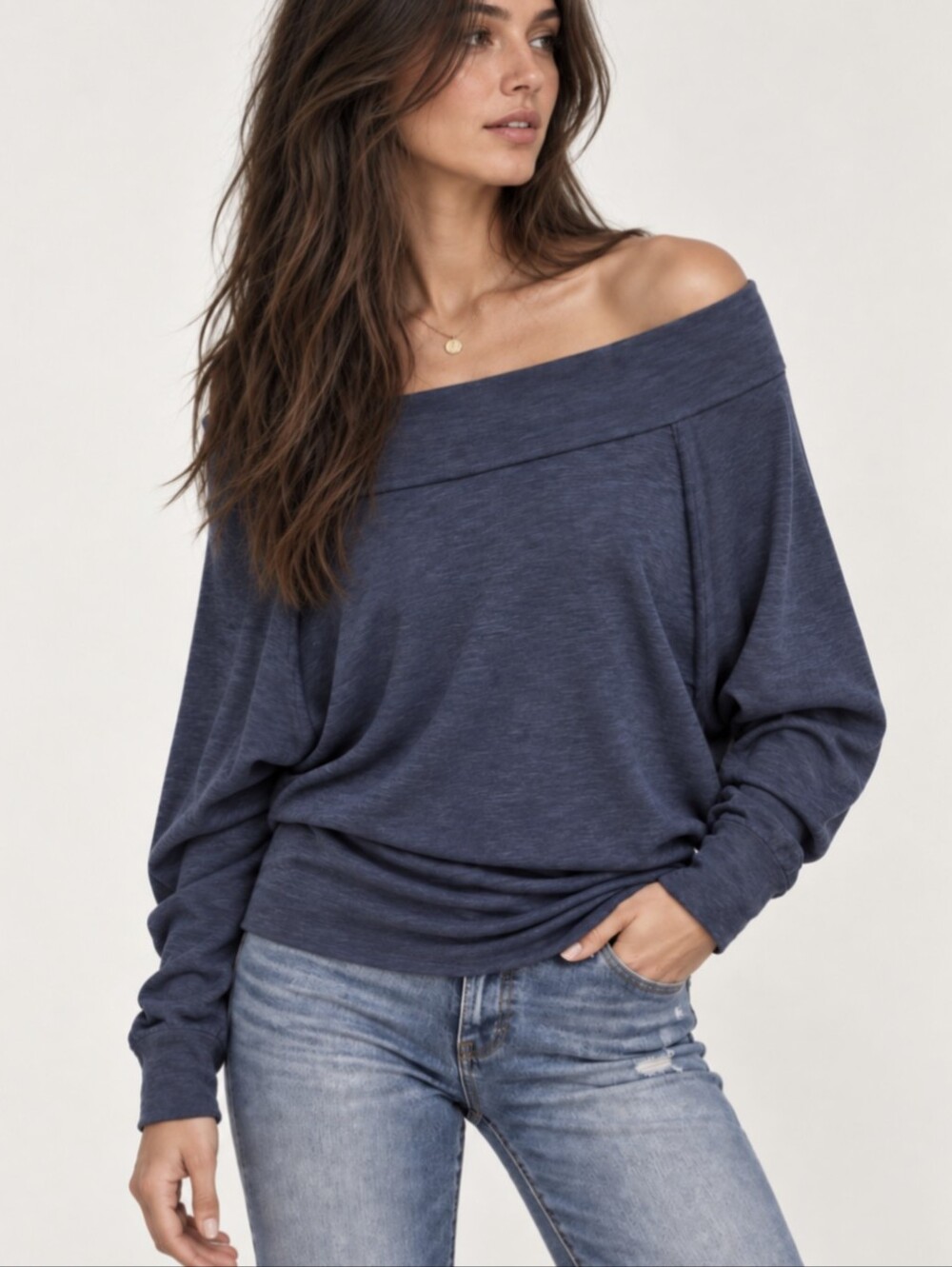 Free People We The FreePalisades Off-Shoulder Blue Sweater Petite Small